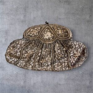 Vintage White Beaded Finger Purse Evening Clutch - Handmade in Belgium